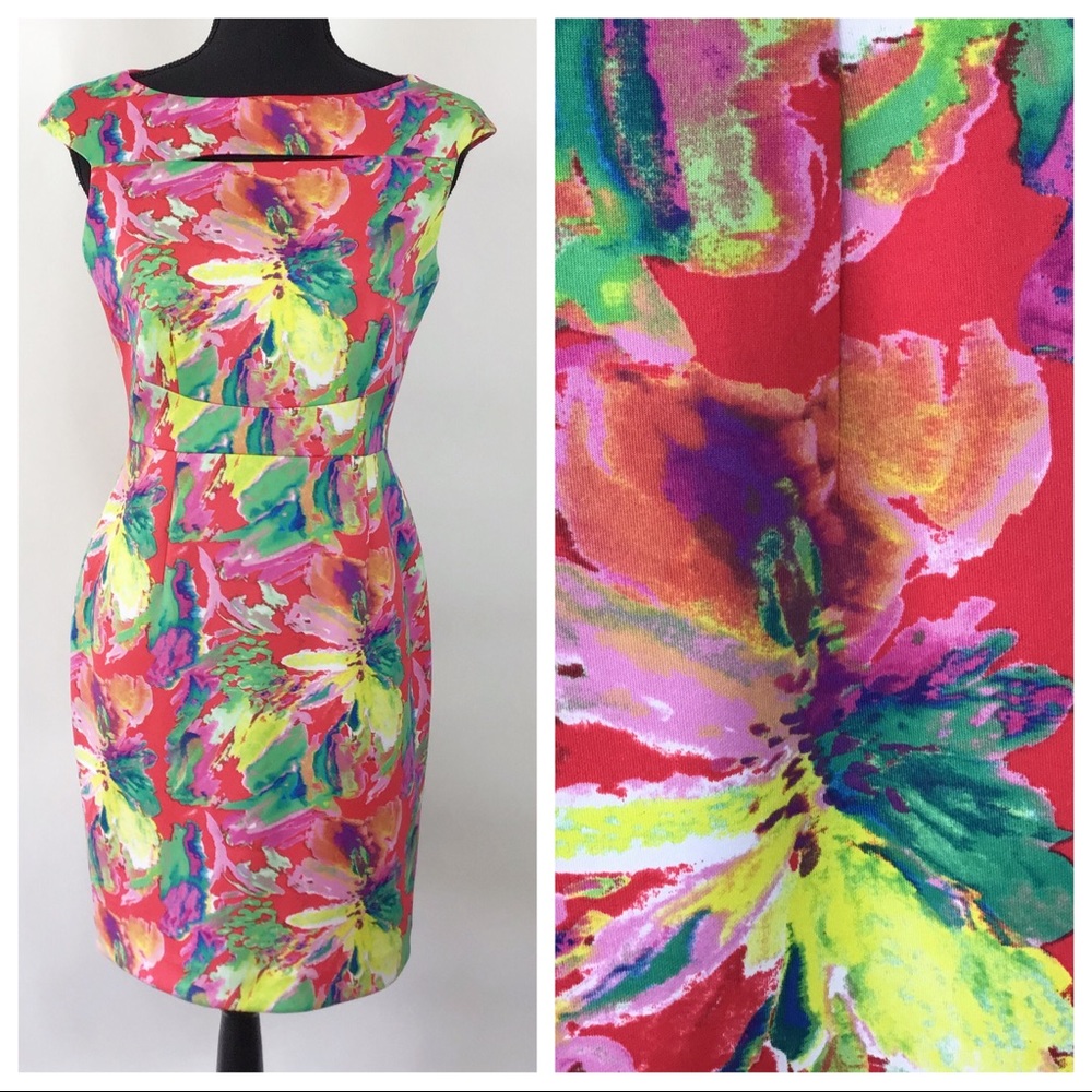 Tahari Vibrant Floral Sheath Dress in Red, Yellow, Green, Pink